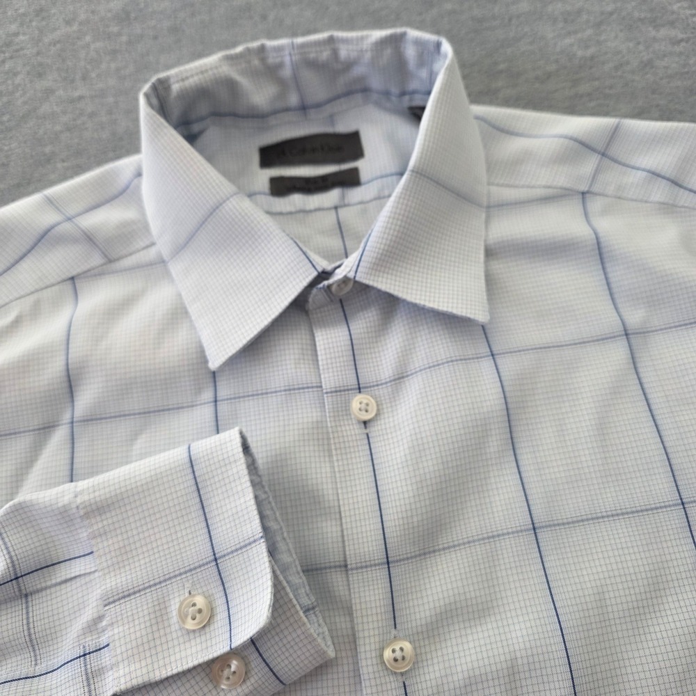 Calvin Klein Slim Fit Infinite Non Iron Shirt Mens 15.5 34/35 White Blue Check